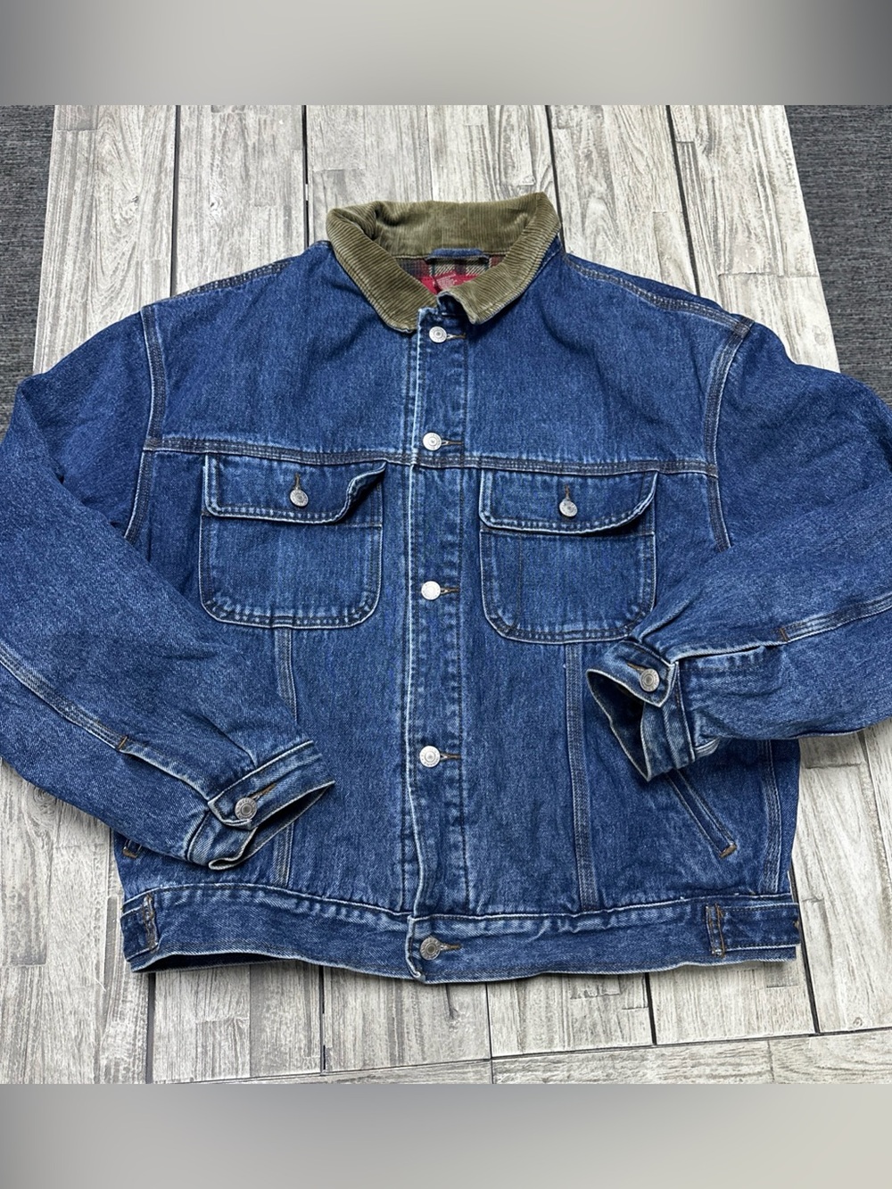 VTG 90s Banana Republic Denim Trucker Jacket Corduroy Collar Plaid Lined L Boxy